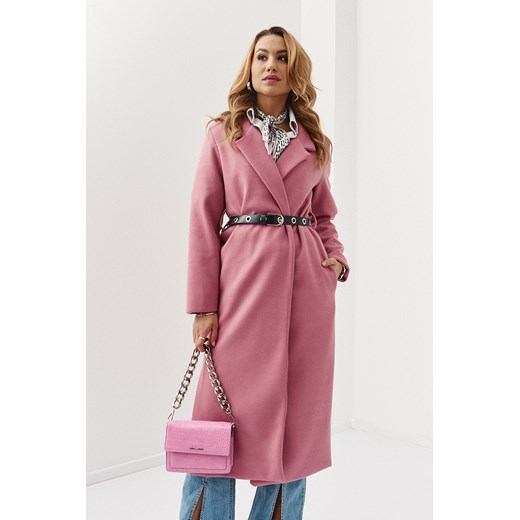 Długi płaszcz z kieszeniami i paskiem brudny róż 7620 UNIW fasardi.com