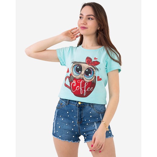 Damski t-shirt w kolorze miętowym z sową - Odzież Royalfashion.pl XL - 42 royalfashion.pl