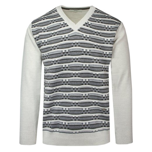 Sweter Beżowy w Serek, Wzór Geometryczny, V-neck, Męski, Cienki -YAMAK SWKOWymk0002v ze sklepu JegoSzafa.pl w kategorii Swetry męskie - zdjęcie 133614823