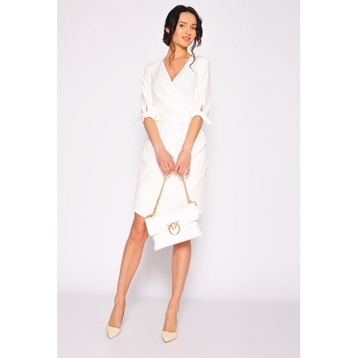 Elegancka biała sukienka z rękawkiem na każdą okazję. Model: ST-6454 Sukienkimm 46(XXXL) M&M Studio Mody