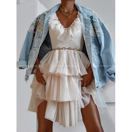Sukienka tiulowa z paskiem w kolorze waniliowym A1329 Susu S/36 Charlotte Fashion