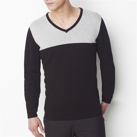 Sweter z dekoltem w kształcie litery „V”, dwubarwny, 100% bawełny la-redoute-pl czarny bawełniane