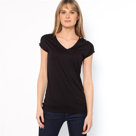 T-shirt z dekoltem w kształcie litery „V”, krótki rękaw, bawełna i modal la-redoute-pl czarny bawełniane