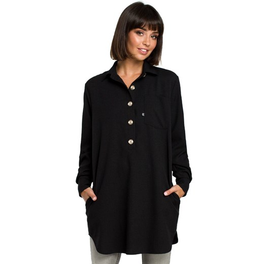 Długa koszula damska tunika oversize z kołnierzykiem czarna Be L/XL Sukienki.shop