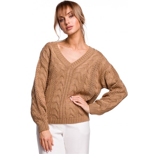 Lekki sweter damski ażurowy z dekoltem V splot w warkocz beżowy L/XL Sukienki.shop