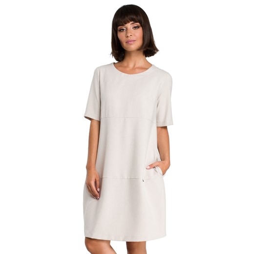 Swobodna sukienka na lato bombka oversize z dodatkiem lnu beżowa Be XL Sukienki.shop