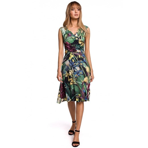 Sukienka w kwiaty rozkloszowana góra dopasowana kopertowa zielona XL okazyjna cena Sukienki.shop