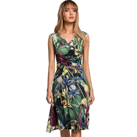 Sukienka w kwiaty rozkloszowana góra dopasowana kopertowa zielona XL okazyjna cena Sukienki.shop