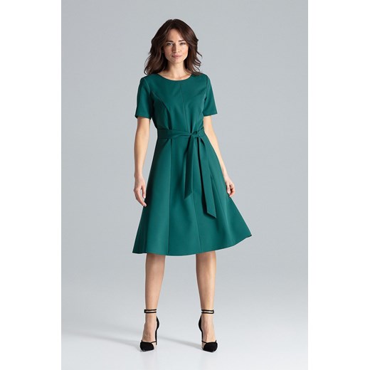 Trapezowa sukienka o klasycznym kroju z paskiem zielona Lenitif XL Sukienki.shop okazja