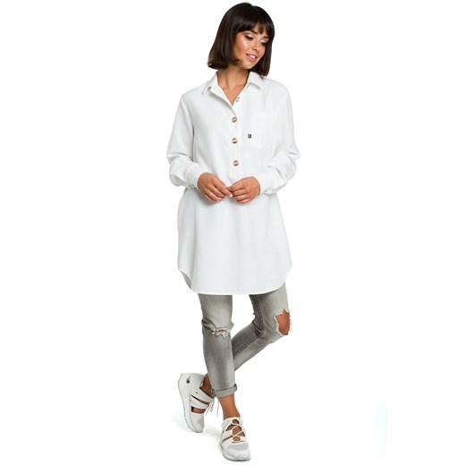 Długa koszula damska tunika oversize z kołnierzykiem biała Be L/XL Sukienki.shop