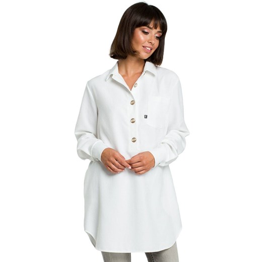Długa koszula damska tunika oversize z kołnierzykiem biała Be S/M Sukienki.shop