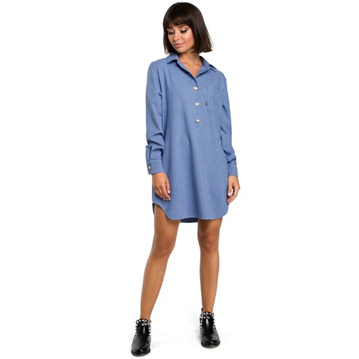 Długa koszula damska tunika oversize z kołnierzykiem niebieska Be XXL/3XL Sukienki.shop