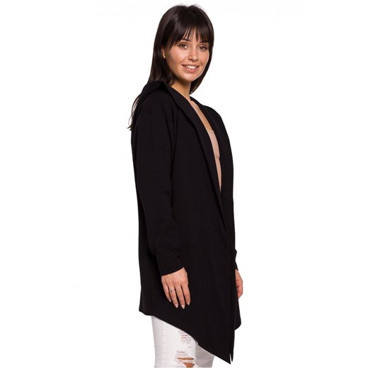 Hoodie długa bluza damska bez zapięcia z kapturem asymetryczna czarna Be S/M Sukienki.shop
