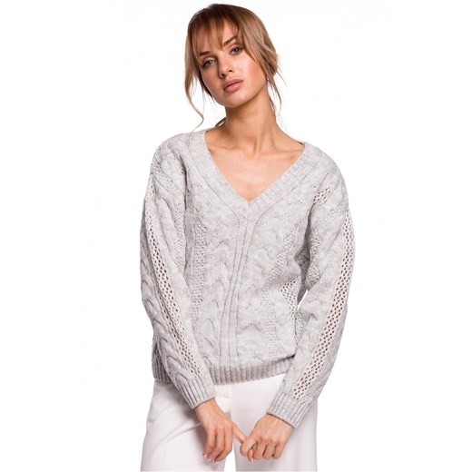 Lekki sweter damski ażurowy z dekoltem V splot w warkocz szary L/XL Sukienki.shop