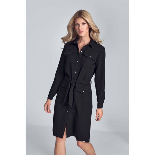 Koszulowa sukienka midi zapinana na zatrzaski czarna Figl XL Sukienki.shop