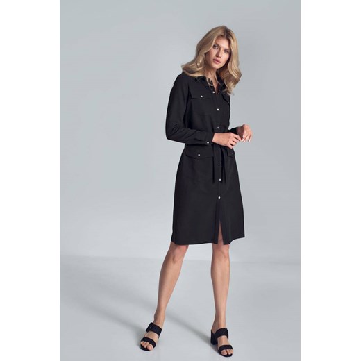 Koszulowa sukienka midi zapinana na zatrzaski czarna Figl L Sukienki.shop