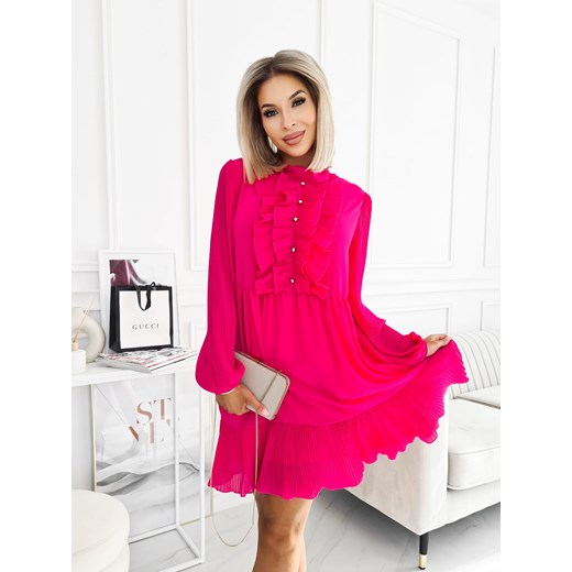 Sukienka Trapezowa z żabotem Fuksja Fashionyou Uniwersalny Fashionyou