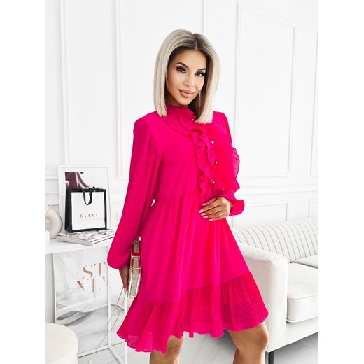 Sukienka Trapezowa z żabotem Fuksja Fashionyou Uniwersalny Fashionyou