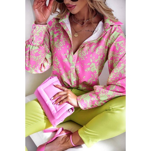 Różowo-limonkowa koszula damska w kwiatowy print LEMONE LADY M lafemmeboutique.pl