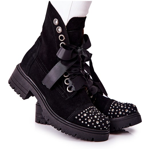 Zamszowe Botki Workery Lewski Shoes Wiązane 3069 Czarne ze sklepu ButyModne.pl w kategorii Workery damskie - zdjęcie 134764531