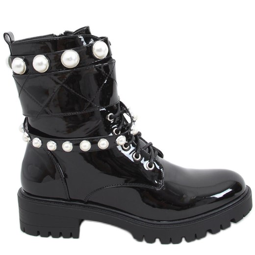 Lakierowane workery z perełkami Beni Black czarne 39 ButyModne.pl