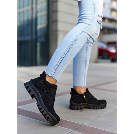 S.Barski Zamszowe Botki Trapery Na Suwak Czarne Remgate 37 ButyModne.pl