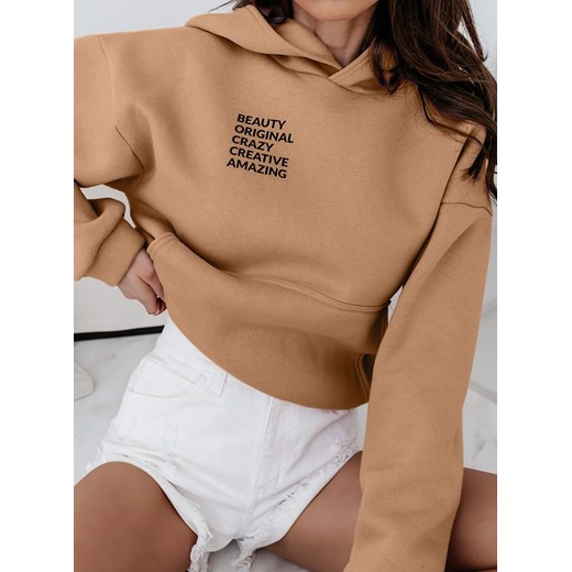 *KARMELOWA BLUZA Z NAPISAMI I KAPTUREM CISSIE - karmelowy Pakuten S/M pakuten.pl promocyjna cena