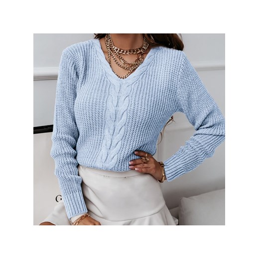 Niebieski sweter z dekoltem w szpic Robyn - niebieski Pakuten S/M promocja pakuten.pl