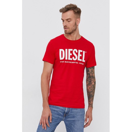 Diesel T-shirt bawełniany kolor czerwony z nadrukiem Diesel XL wyprzedaż ANSWEAR.com