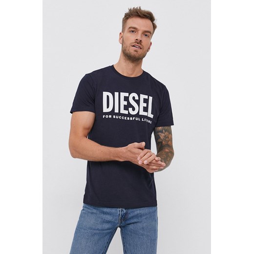 Diesel T-shirt bawełniany kolor granatowy z nadrukiem Diesel L wyprzedaż ANSWEAR.com