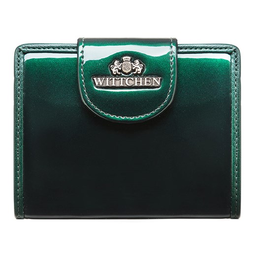 Damski portfel ze skóry lakierowany z ozdobną napą ciemny zielony ze sklepu WITTCHEN w kategorii Portfele damskie - zdjęcie 135128264