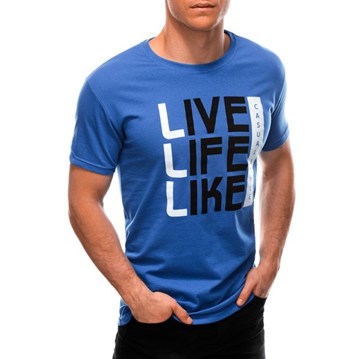 T-shirt męski z nadrukiem 1569S - niebieski Edoti.com M Edoti.com