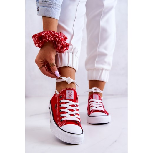 Trampki damskie czerwone Cross Jeans sznurowane tkaninowe sportowe