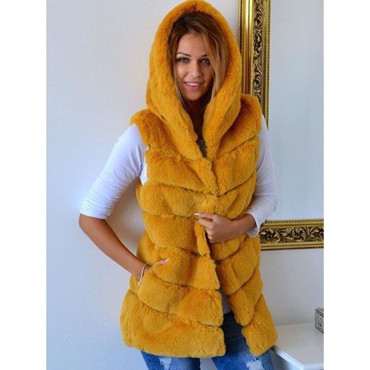 Kamizelka Futrzana z Kapturem Musztardowa Miś Madelinefashion OS madelinefashion.pl