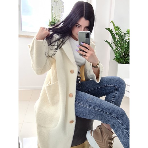 Płaszcz Alpaka Allure Złote Guziki Ecru Madelinefashion OS madelinefashion.pl