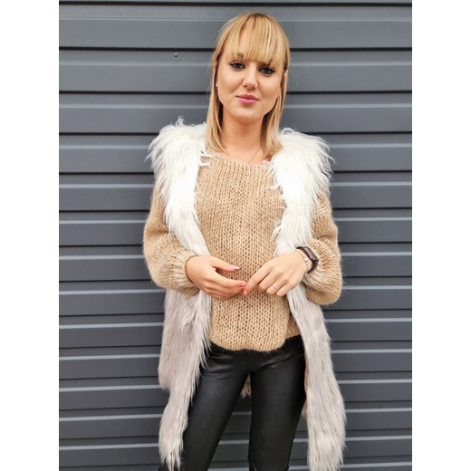 Kamizelka Krótka Włochata Biało Szara Madelinefashion OS okazja madelinefashion.pl