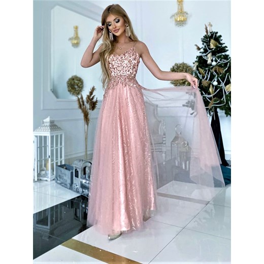 Sukienka Colin Tiulowa Długa Złoto Różowa Madelinefashion OS madelinefashion.pl