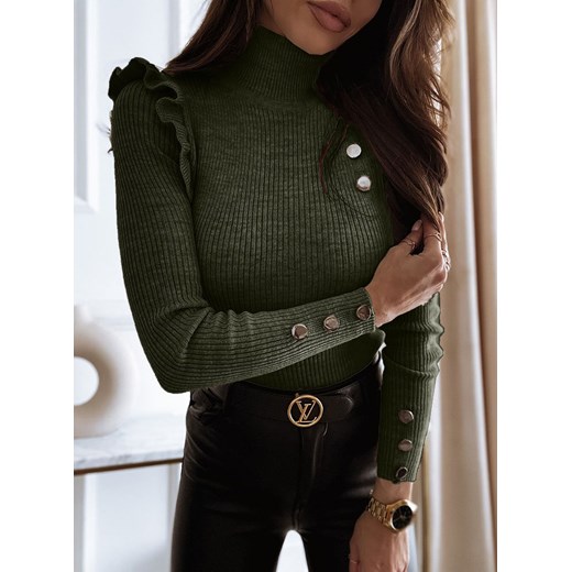 Prążkowany sweter z ozdobnymi guzikami Emele - khaki - khaki Pakuten S/M pakuten.pl promocyjna cena