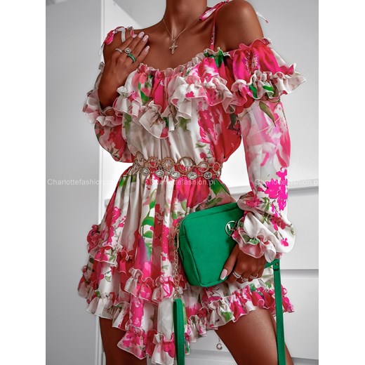 Sukienka hiszpanka kremowa w różowe kwiaty A1362 Excellence ONE SIZE Charlotte Fashion