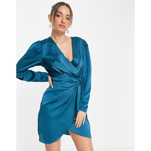 Trendyol – Turkusowa kopertowa sukienka koszulowa z satyny-Niebieski Trendyol 40 Asos Poland