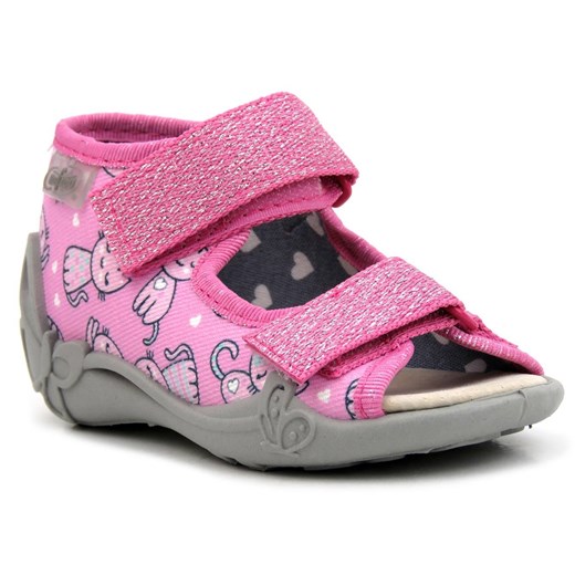 Sandałki dziecięce ze skórzaną wkładką - Befado 342P042, różowe z kotkami 21 ulubioneobuwie