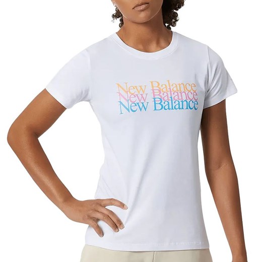 Biała bluzka damska New Balance bawełniana z okrągłym dekoltem z krótkim rękawem casualowa 