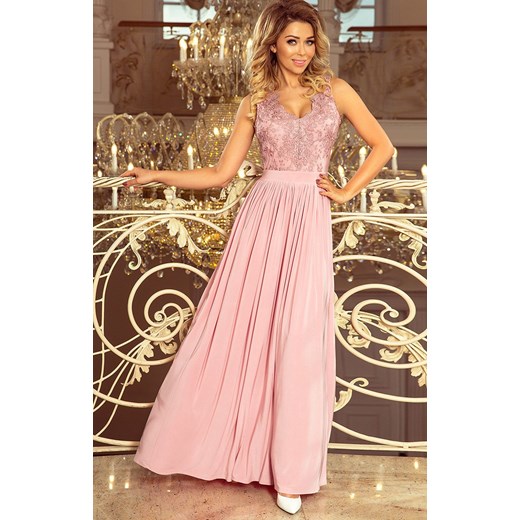 215-5 LEA długa sukienka z haftowanym dekoltem, Kolor brudny róż, Rozmiar L, Numoco XL Primodo