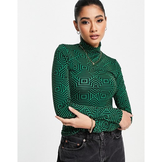Stradivarius – Bezszwowy top z golfem w zielony geometryczny wzór-Kolorowy S Asos Poland