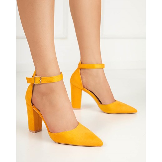 Musztardowe damskie sandały na słupku Kinotia - Obuwie Royalfashion.pl 39 royalfashion.pl
