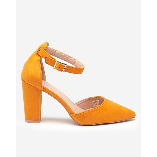 Musztardowe damskie sandały na słupku Kinotia - Obuwie Royalfashion.pl 40 royalfashion.pl