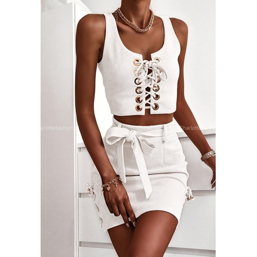 Komplet biały zamszowy top i spódniczka Daria N287 Luxwear XS/34 Charlotte Fashion