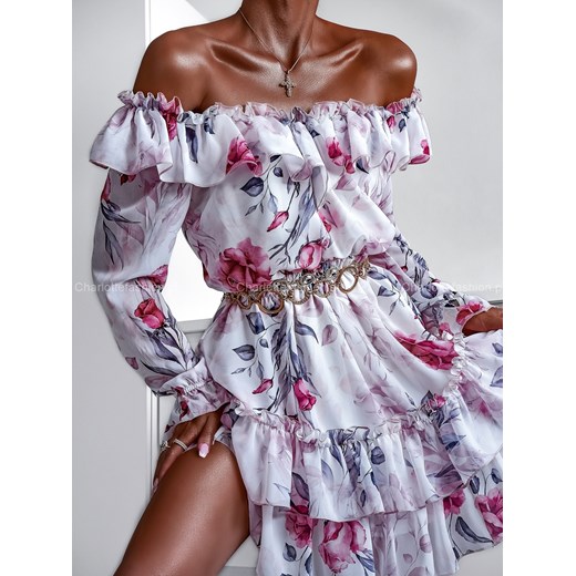 Sukienka hiszpanka biała w róże A1369 Excellence ONE SIZE Charlotte Fashion