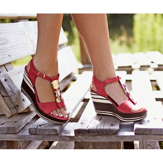 sandałki na koturnie - skóra naturalna - model 355 - kolor czerwony Zapato 36 zapato.com.pl