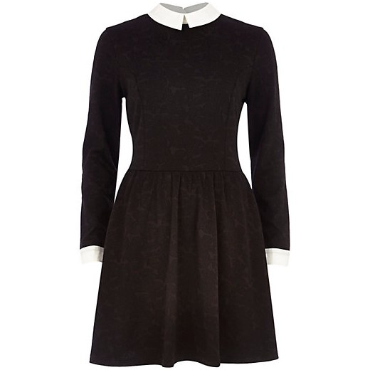 Black jacquard collared fit and flare dress river-island czarny fit